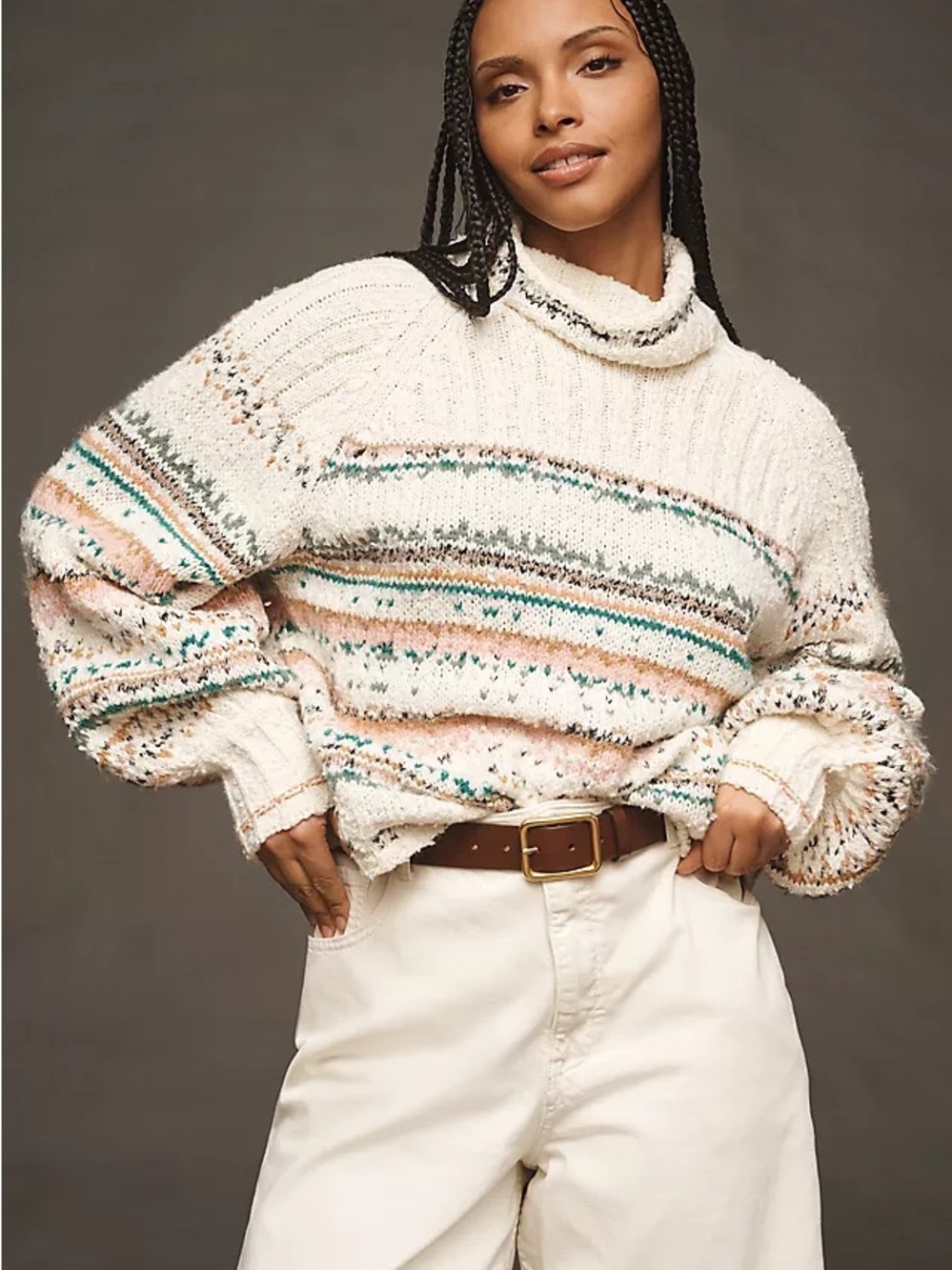Anthropologie Pilcro Relaxed Turtleneck Sweater Womens Small Ivory Striped Multi